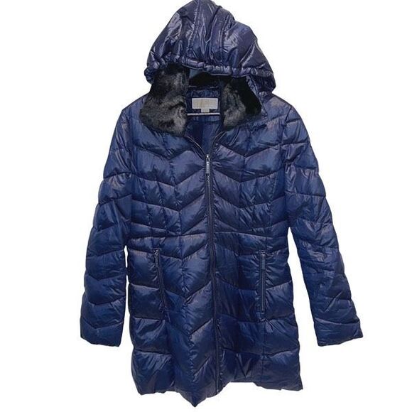 Michael Kors Womens Full Zip Faux Fur Collar Hooded Down Puffer Coat Navy Small - Picture 1 of 9
